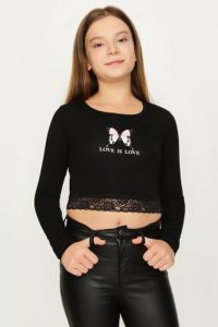 Girls Black Lace Hem Butterfly Crop Top, Black