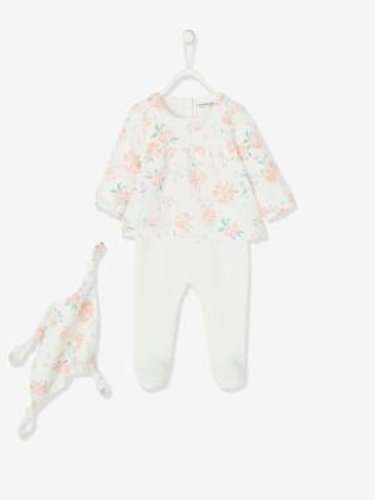 2-in-1-Effect Sleepsuit in Velour & Cotton Gauze, Matching Soft Toy, for Babies white