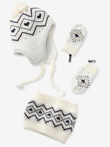 3-Piece Jacquard Set for Baby Girls: Beanie, Mittens & Snood white light all over printed