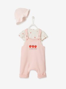 3-Piece Outfit: Bodysuit, Dungarees & Hat for Newborn Babies, Strawberries pink medium solid with desig