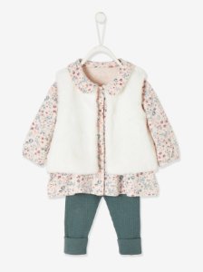 3-Piece Outfit with Blouse + Leggings + Gilet pink medium solid with desig