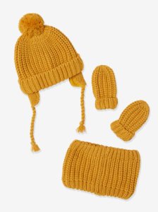 Vertbaudet - 3-piece set for baby boys: beanie, mittens & snood yellow dark solid