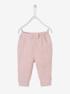 Cotton Gauze Trousers, Tie Belt at the Front, for Newborns pink light solid with design