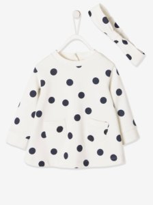 Dotted Dress & Matching Headband Ensemble for Baby Girls white light all over printed