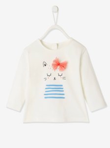 Long Sleeve Top with Fancy Cat, for Baby Girls white light solid with design