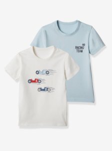 Pack of 2 Short-Sleeved T-Shirts for Boys, Race Car blue light solid with design