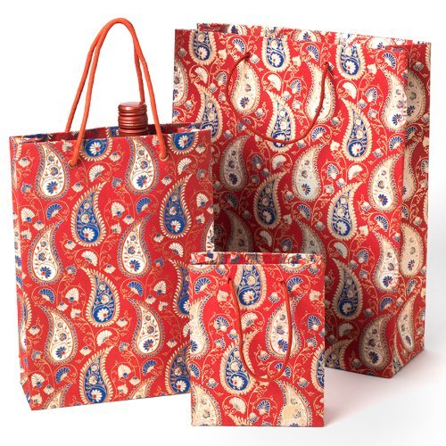 Recycled Cotton Handmade Red Paisley Print Paper Gift Bag - Small
