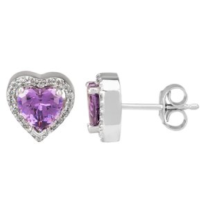 Morado Silver Heart-cut Violet Cubic Zirconia Halo Stud Earrings THB-03E PURP