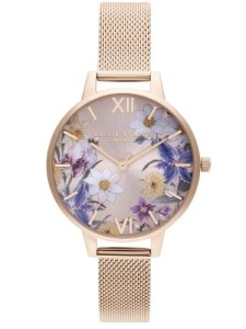 Olivia Burton Best In Show Rose Gold Plated Floral Dial  Mesh Strap Watch OB16EG141