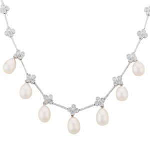 Pre-Owned 18ct White Gold 17 Pearl and Diamond Necklace