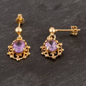 Pre-Owned 9ct Yellow Gold Ornate Amethyst Dropper Earrings