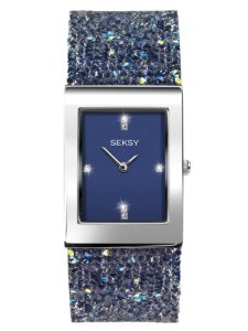 Sekonda Ladies Seksy Rocks Rhodium Plated Blue Glitter Leather Strap Watch 2758