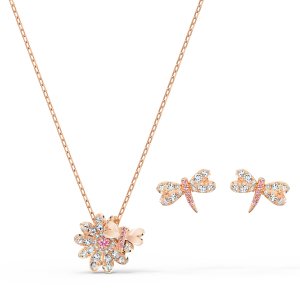 Swarovski Eternal Flower Rose Gold Tone Plated White and Pink Dragonfly Jewellery Set  5518141