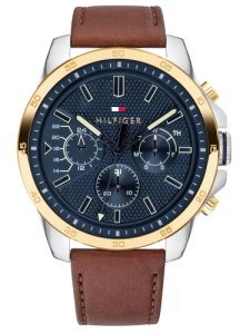 Tommy Hilfiger Decker Two Tone Blue Chronograph Dial Brown Leather Strap Watch 1791561