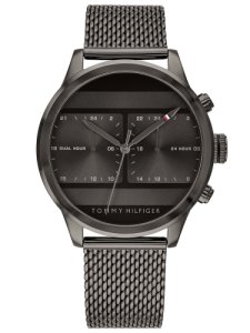 Tommy Hilfiger Icon Stainless Steel Ion Plated Dark Grey Dual Time Mesh Strap Watch 1791597