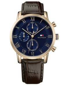 Tommy Hilfiger Kane Gold Plated Navy Blue Chronograph Dial Black Leather Strap Watch 1791399