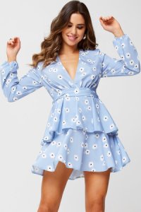 Girls on Film Levi Blue Floral-Print Ruffle Tea Dress size: 8 UK, colo