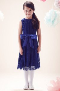 Little MisDress Blue Lace Overlay Bow Dress size: 5-6 Yrs, colour: Blu