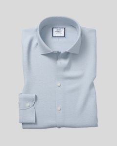 Business Casual Collar Cotton Seersucker With Tencel™ Formal Shirt - Sky Single Cuff Size 15/33 by Charles Tyrwhitt