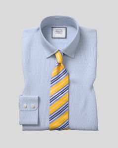 Classic Collar Poplin Stripe Egyptian Cotton Formal Shirt- Blue Double Cuff Size 15.5/35 by Charles Tyrwhitt