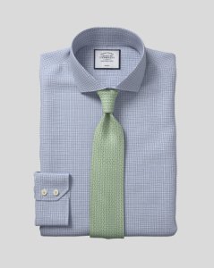 Cutaway Collar Non-Iron Cotton Stretch Checkered Formal Shirt - Blue Single Cuff Size 14.5/32 by Charles Tyrwhitt