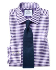 Extra Slim Fit Non-Iron Gingham Purple Cotton Formal Shirt Single Cuff Size 17.5/36 by Charles Tyrwhitt