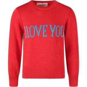 Alberta Ferretti Red Girl Sweater With Turquoise i Love You Writing