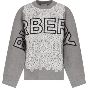 Burberry Grey Girl Sweatshirt With Black And White Logo