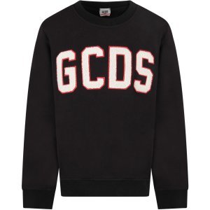 GCDS Mini Black Kids Sweatshirt With Shearling Logo