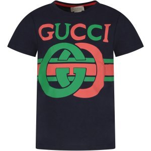 Gucci Blue Kids T-shirt With Red And Green Logo