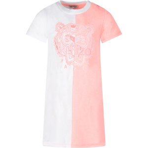 Kenzo Kids White And Pink Girl Dress With Iconic Tiger