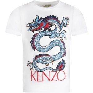 Kenzo Kids White Boy T-shirt With Colorful Dragon