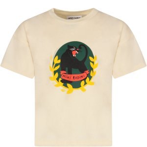 Mini Rodini Ivory Boy T-shirt With Panther And Logo