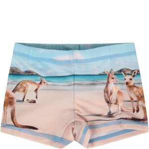 Molo Light Blue And Beige Boy Swimsuit With Kangaroos