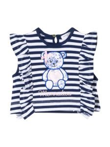 Monnalisa White And Blue Stripes T-shirt With Ruches And Application