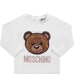 Moschino White Girl T-shirt With Rhinestoned Teddy Bear