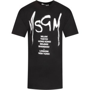 MSGM Black Girl Dress With White Logo And Writing