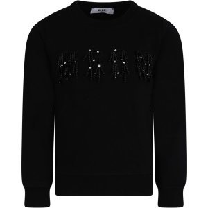 MSGM Black Girl Sweatshirt With Black Logo And Rhinestones