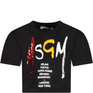 MSGM Black Girl T-shirt With Logo And Sequins
