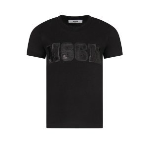 MSGM Black Girl T-shirt With Silver Sequined Logo