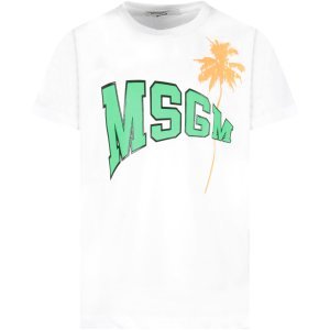 MSGM White Kids T-shirt With Logo And Palm Tree
