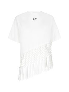 Off-White Asymmetrical Hem-fishnet Cotton T-shirt