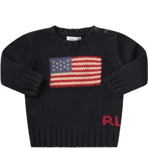 Ralph Lauren Blue Babyboy Sweateer With Iconic Flag And Logo