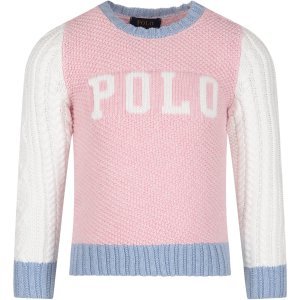 Ralph Lauren Pink, White And Light Blue Girl Sweater With Logo