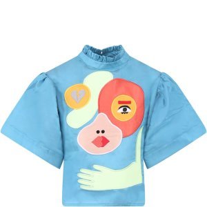 Raspberry Plum Light Bluehannah Girl Blouse With Colorful Patches
