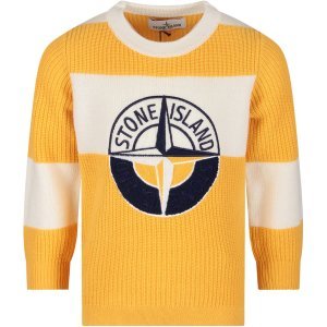 Stone Island Junior Yellow, White And Blue Boy Sweater With Blue Logo And Compass
