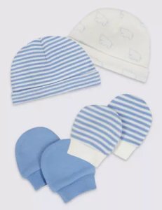 Adaptive 4 Piece Pure Cotton Premature Hat & Mittens Set blue
