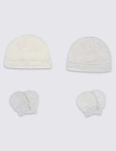 Adaptive 4 Piece Pure Cotton Premature Hat & Mittens Set grey