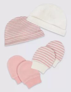 Marks & Spencer - Adaptive 4 piece pure cotton premature hat & mittens set pink