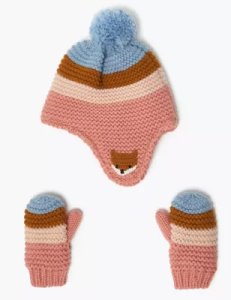 Kids’ Striped Trapper Hat & Mitten Set (6 Months - 6 Years) pink